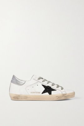 Superstar Glittered Distressed Leather Sneakers In White