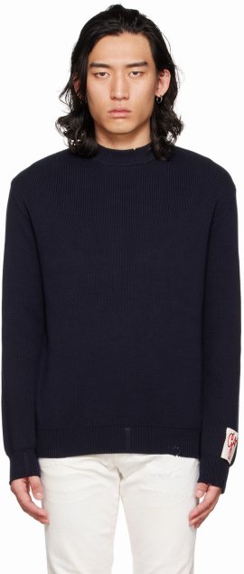Blue Cotton Blend Crewneck Sweater