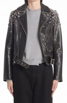 Chiodo Destiny Crystal Embellished Leather Moto Jacket In Black
