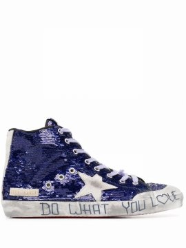 Sequin-embellished Lace-up Sneakers In Blue