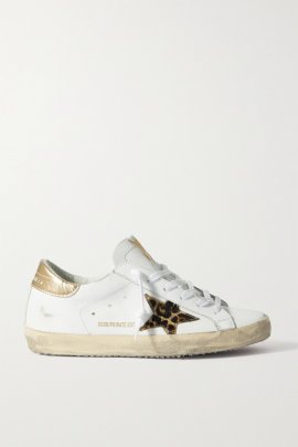 Superstar Distressed Leopard-print Calf Hair-trimmed Leather Sneakers In White