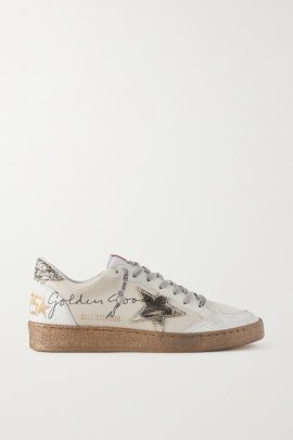 Ball Star Distressed Metallic Leather And Canvas Sneakers In Off-white