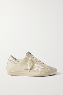 Super-star Metallic Leopard-print Distressed Leather And Suede Sneakers In Cream