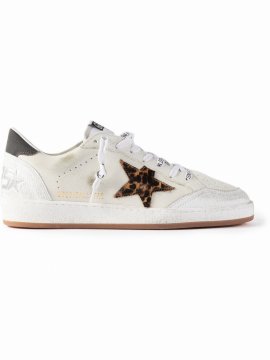 Ballstar Distressed Calf Hair-trimmed Leather Sneakers In White
