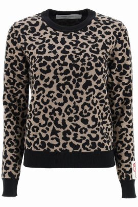 Davina Leopard Jacquard Wool & Cotton Sweater In Black
