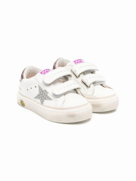 Kids' Leather Touch-strap Sneakers In White Silver Smoke Grey