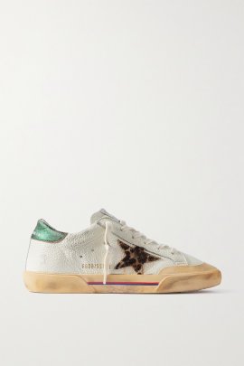 Superstar Penstar Distressed Leather, Leopard-print-trimmed Rubber Sneakers In White