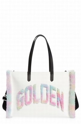 California East/west Leather & Tie Dye Genuine Shearling Shopper Tote In White With Rainbow Shearling