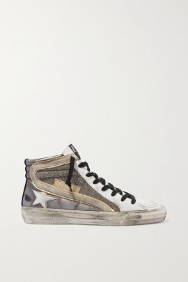 Slide Distressed Suede-trimmed Leather And Lurex High-top Sneakers In Metallic
