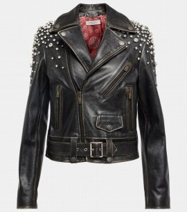 Embellished Leather Biker Jacket In Black