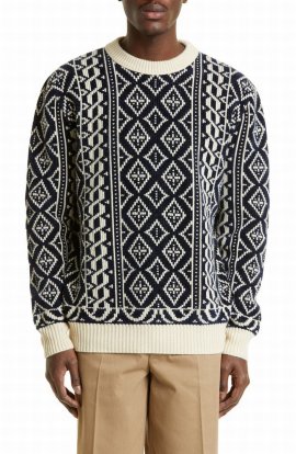 Geometric Fair Isle Jacquard Wool Blend Sweater In Dark Navy/ Parchment