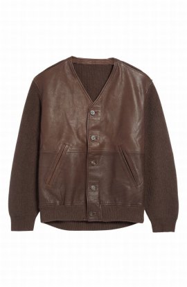 Cotton Blend Knit & Leather Cardigan In Brown
