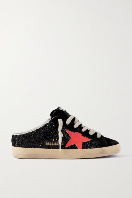 Super-star Sabot Distressed Glittered Leather And Suede Slip-on Sneakers In Black
