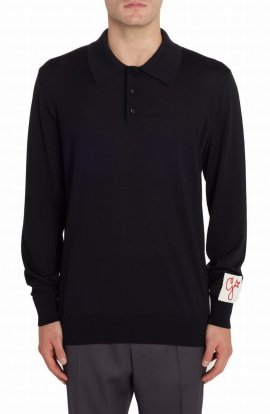 Logo Patch Long Sleeve Virgin Wool Sweater Polo In Black