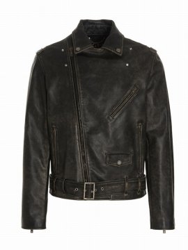 Vintage-effect Leather Biker Jacket In Black