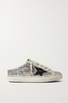 Super-star Sabot Distressed Glittered Leather And Suede Slip-on Sneakers In Silver