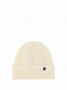 Damian Mans Ribbed Wool Logo Beanie In Offwhite