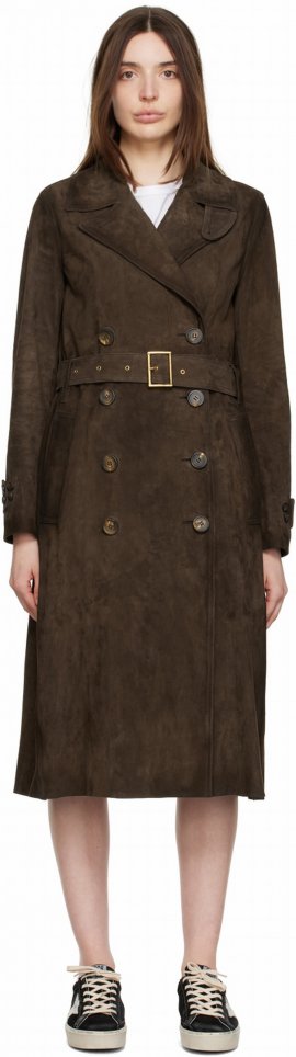 Brown Double-breasted Leather Trench Coat In 55381 Dark Brown
