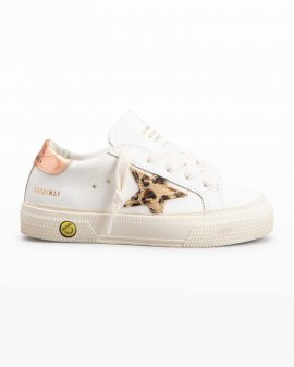 Girl's May Leather Leopard-print Star Sneakers, Toddlers/kids In White/beige/brown